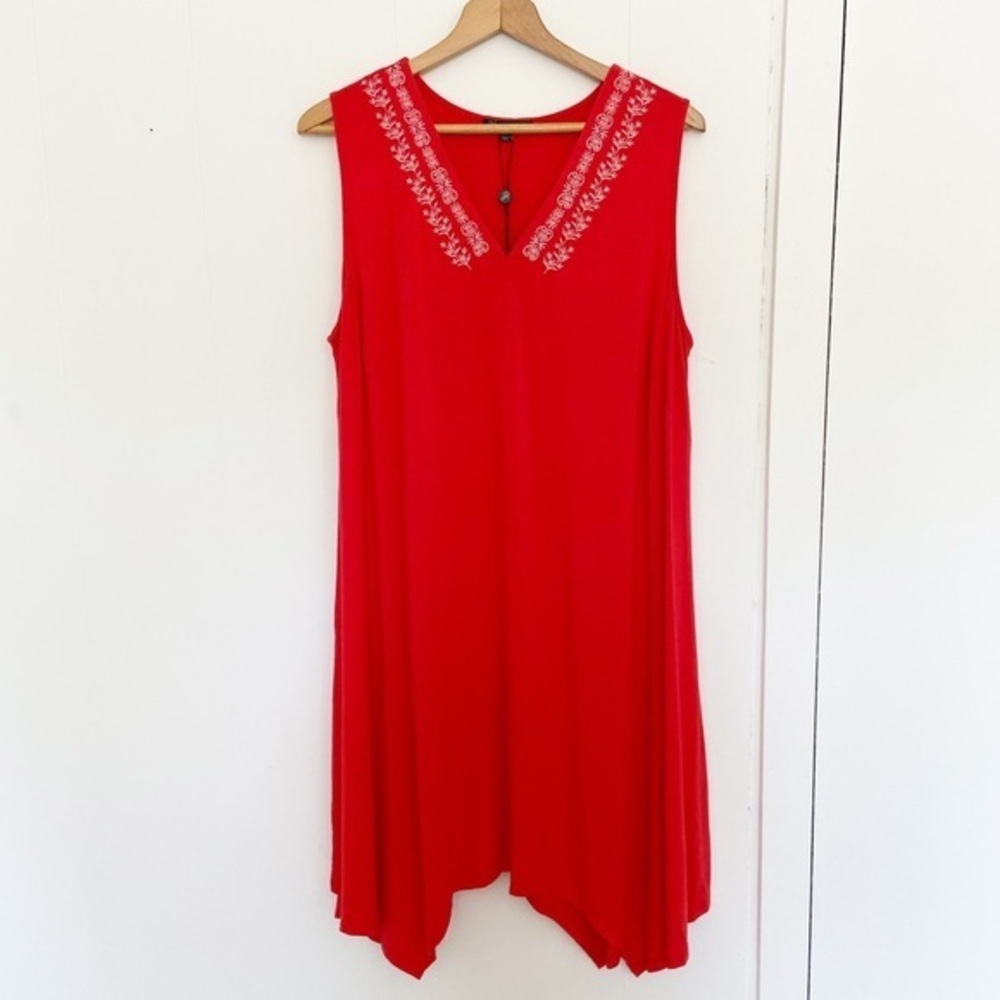 Adrianna Papell red knit handkerchief hem dress white embroidered front 1X NEW